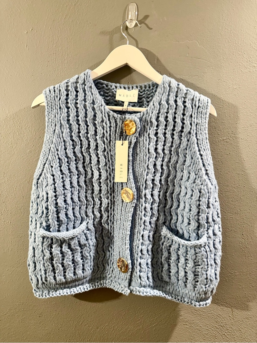 MABLE Pale Blue Chunky Knit Button Vest